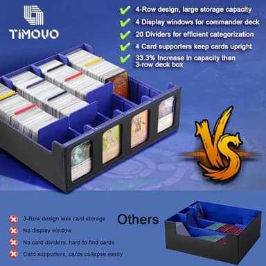 TiMOVO MTG Deck Box for 3000+ Trading Cards, Trading Card Storage Box with 20 Colorful Dividers & 4 Card Supporters, 4 Rows Commander Deck Boxes for Magic Game, YuGiOh, TCG, Sport Cards, Black Blue - Image 4
