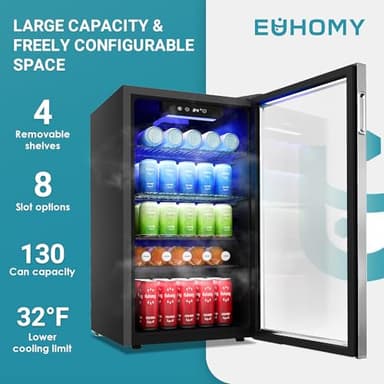 EUHOMY Beverage Refrigerator Cooler, 130 Can Mini Fridge with Glass Door for Soda Beer or Wine, Beverage Cooler for Home, Office, Bar with Adjustable Removable Shelves, Silver - Image 3