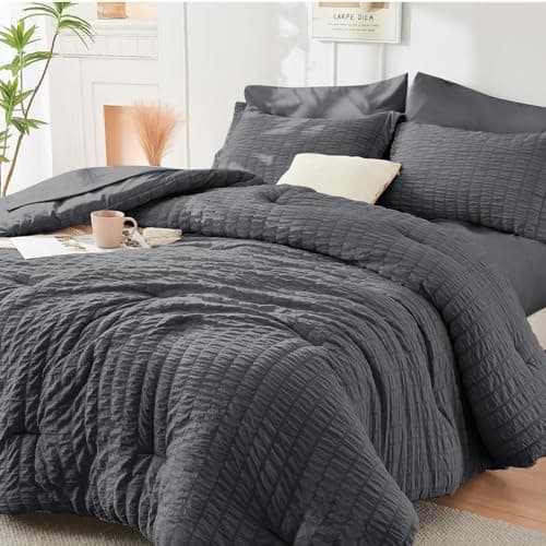 HYMOKEGE 7 Piece King Size Comforter Set Seersucker, All Season Luxury Bed in a Bag for Bedroom, Bedding Set with Comforters, Sheets, Pillowcases & Shams, Dark Grey - Image 1