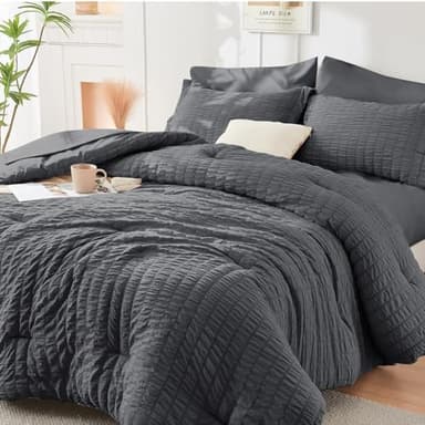 HYMOKEGE 7 Piece King Size Comforter Set Seersucker, All Season Luxury Bed in a Bag for Bedroom, Bedding Set with Comforters, Sheets, Pillowcases & Shams, Dark Grey - Image 1