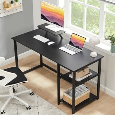 GreenForest Computer Home Office Desk with Monitor Stand and Reversible Storage Shelves,55 inch Modern Simple Writing Study PC Work Table,Black - Image 8