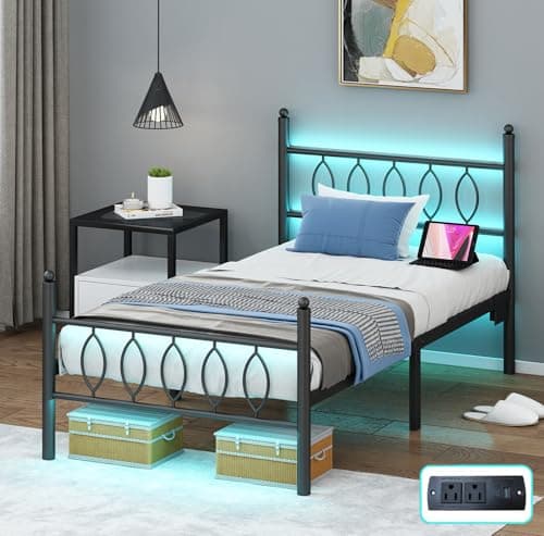 Samurbex Twin Size Bed Frame with Headboard,Black Metal Platform Bed Frame Twin Size with Charging Station & LED Lights,12-Inch Under Bed Storage,No Box Spring Needed,Noise Free,Easy to Assemble - Image 1