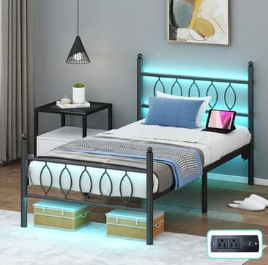 Samurbex Twin Size Bed Frame with Headboard,Black Metal Platform Bed Frame Twin Size with Charging Station & LED Lights,12-Inch Under Bed Storage,No Box Spring Needed,Noise Free,Easy to Assemble - Image 1