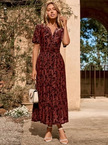 Amegoya Womens Velvet Burnout Dress Fall Wedding Guest Maxi Dresses Short Sleeve V Neck Semi Formal Long Bridesmaid Dress（Rust L） - Image 3