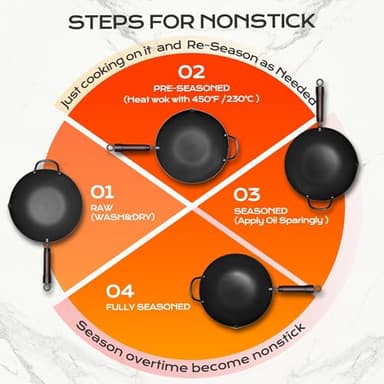 Wok, 13 Inch carbon steel woks & stir-fry pans nonstick, Pre-Seasoned 5.8QT Flat Bottom Chinese Wok Pan with lid, Carbon Steel Cookware, Compatible with All Cooktops - Image 4