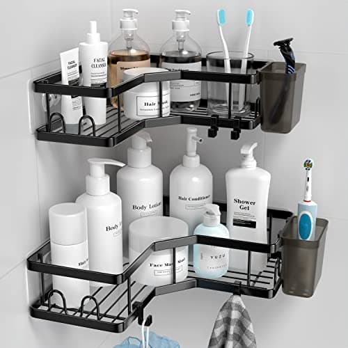 AKTECKE Corner Shower Caddy, 2 Pack Adhesive Shower Corner Organizer Shelves, No Drilling Stainless Steel Shower Storage Rack with Hooks&Toothpaste Holder for Bathroom, Dorm and Kitchen - Image 1