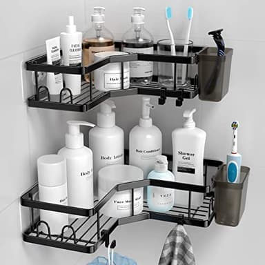 AKTECKE Corner Shower Caddy, 2 Pack Adhesive Shower Corner Organizer Shelves, No Drilling Stainless Steel Shower Storage Rack with Hooks&Toothpaste Holder for Bathroom, Dorm and Kitchen - Image 1