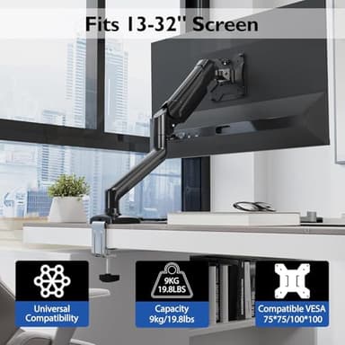 BONTEC Monitor Arm Desk Mount, Gas Spring Monitor Stand, Adjustable Full Motion VESA with C Clamp & Grommet Base, Supports 6.6-19.8lbs LCD/LED Tilt, Swivel, Rotation (Single Arm, 13-32 Inch) - Image 4