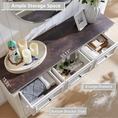 Aitjunz Farmhouse 9 Drawers Dresser for Bedroom, 55" Wide Large Dressers & Chests of Drawers w/Roman Column, Storage Dressers Organizer for Bedroom, Hallway, Living Room, White - Image 3