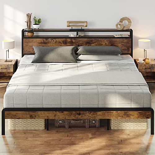LIKIMIO King Size Bed Frame, Platform Bed with 2-Tier Storage Headboard, Solid and Stable, Noise Free, No Box Spring Needed, Easy Assembly, Vintage Brown - Image 1