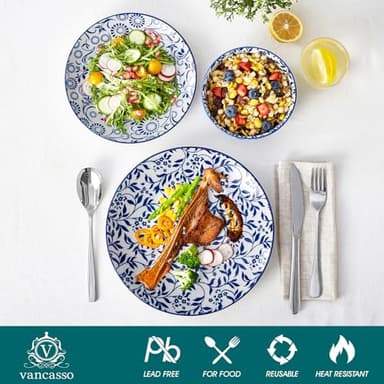 vancasso SELENE Plates and Bowls Set for 4, 12 Pieces Dinnerware Sets, Mircowave and Dishwasher Safe Dishes Set, Porcelain Blue Dinnerware - Image 4