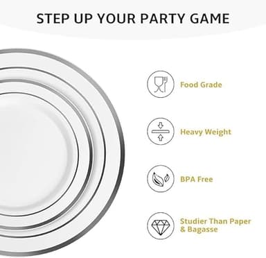 AOZITA 200Pcs Silver Plastic Plates, Disposable Plastic Party Plates for Party, Wedding and Birthday - Image 3