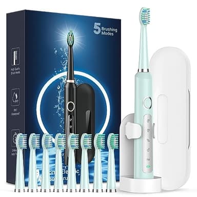 Rtauys M5 Sonic Electric Toothbrush for Adults and Kids - Rechargeable Electric Toothbrush Kids Ages 12+ and Adults with 8 Brush Heads & Travel Case, 120 Days Battery Life - Light Green - Image 1