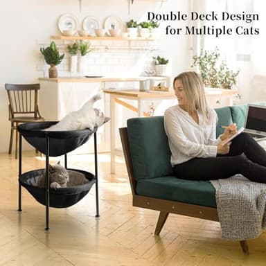 JUNSPOW Double Cat Bed Black, Breathable Pet Bed for 2 Cats with 4 Adjustable Feet & Anti-Slip Mats, Easy Assembly Cat Hammock for Multi-cat Household, Indoors & Outdoors, 22.8 in x18.7 in x 18.7 in - Image 2