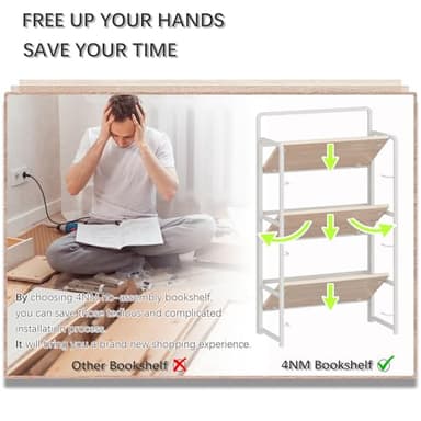 4NM No Assembly Folding Bookshelf, 3-Shelf 42.1" H Collapsible Foldable Bookcase Storage for Small Spaces, Natural White - Image 7