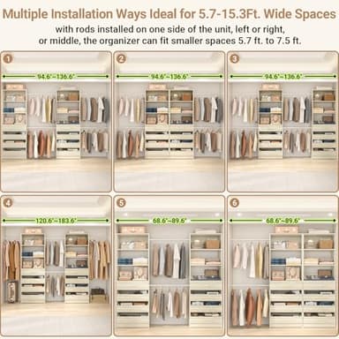 Aheaplus Closet System, 6-15Ft Closet Organizer with 8 Wooden Drawers, Wood Closet Organizer System with Tower, Walk-in Closet Organizer Wardrobe Garment Clothes Rack with 4 Hanging Rods, White Oak - Image 4