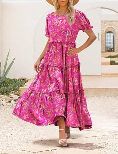 YESNO Summer Casual Bohemian Floral Dresses for Women Puff Short Sleeve Long Maxi Dress with Pockets (L ETX CR26) - Image 3