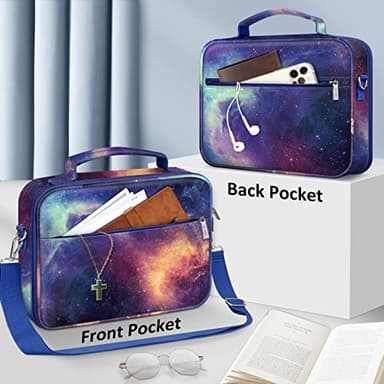 FINPAC Large Bible Cover w/Shoulder Strap, Carrying Book Case Church Bag Bible Protective w/Pen Slots and Zippered Pocket, Gift for Women Lady, Galaxy - Image 2