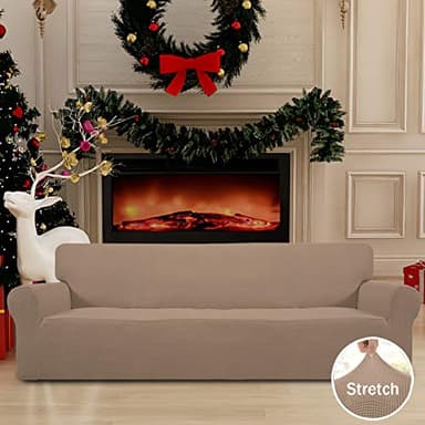 Easy-Going Stretch 4 Seater Sofa Slipcover 1-Piece Sofa Cover Furniture Protector Couch Soft with Elastic Bottom for Kids, Polyester Spandex Jacquard Fabric Small Checks Camel - Image 2