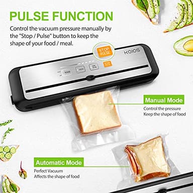 KOIOS Vacuum Sealer Machine, 90Kpa Automatic Food Sealer with Cutter, 8-in-1 Food Vacuum Machine, Pulse Function, Dry&Moist Modes, Compact Design, LED Indicator Lights, 10pcs bags included, Silver - Image 2