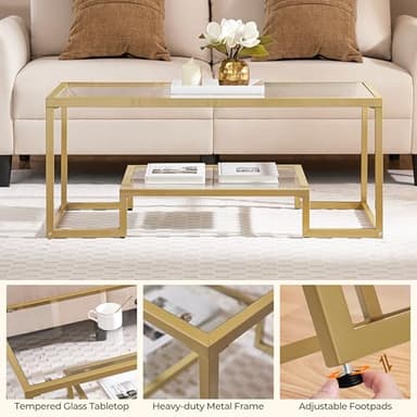 Yaheetech Gold Coffee Table, 42" Rectangular Glass Coffee Table for Living Room, 2-Tier Center Tea Tables with Metal Frame for Small Space, Apartment, Office - Image 7