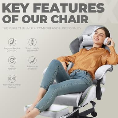 Dowinx Gaming Chair Fabric with Pocket Spring Cushion, Massage Game Chair Cloth with Headrest, Ergonomic Computer Chair with Footrest 290LBS, Light Grey - Image 7
