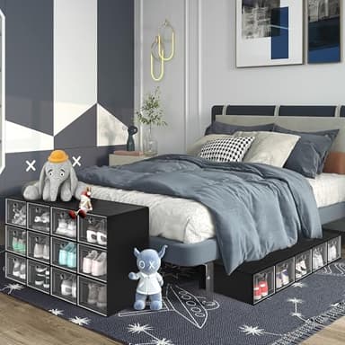 YITAHOME 18 Pack Shoe Storage Box Fit Up to US Size 13, Stackable Shoe Organizers, Plastic Shoe Containers Sneaker Drawers (Medium, Black) - Image 7