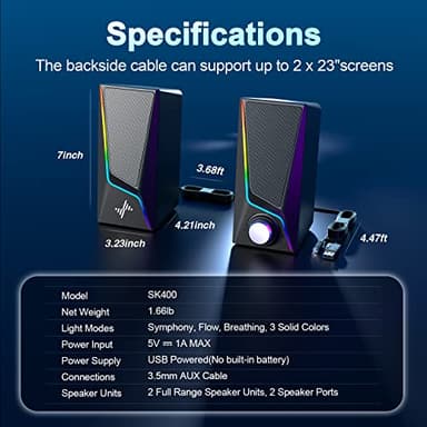 Computer Speakers, PC Speakers with 6 Lighting Modes, USB Powered Computer Speakers for Desktop Monitor with 2 Bass-Boost Ports, 2 Speaker Units, and 3.5mm Aux-in Cable for PC, Laptop, Tablet, Phone - Image 6