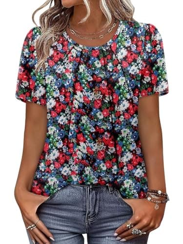 Angerella Ladies Shirts Flowy Summer Stretchy Daily T-Shirts Chiffon Floral Top Spring Summer 2025 Short Sleeve Trendy Crew Neck Dressy Casual Business Tunic Pleated Blouses XL - Image 1