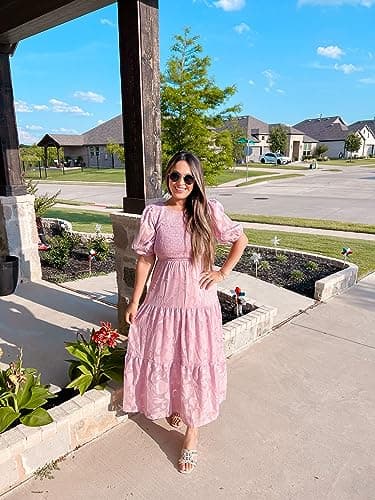 ZESICA Women's 2025 Summer Short Puff Sleeve Crewneck Smocked Floral Lace Flowy A Line Tiered Maxi Dresses,Pink,Large - Image 6