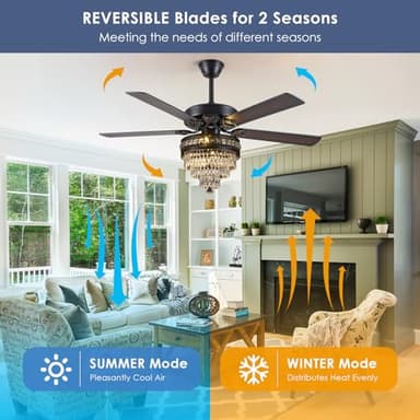 Crystal Ceiling Fan Fandelier with Lights - Modern Outdoor Fans with Remote Control，Noiseless AC Motor, Retro/Farmhouse Lighting, Dining Room， Living Room (52" - Image 8