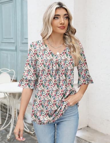 LOMON Boho Tops for Women 3/4 Length Sleeve Shirts Summer Casual V Neck Ruffle Half Sleeve Blouses White Red Floral L - Image 3