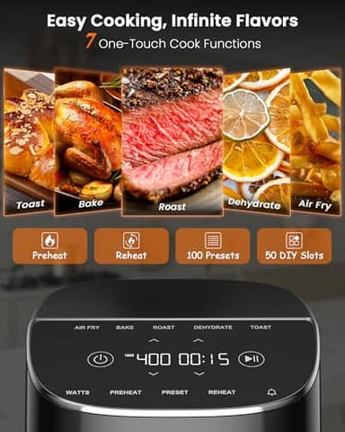 Nuwave Brio Plus Air Fryer 8 Qt, New & Improved, PFAS-FREE, 7 Digital One-Touch Cook Functions that AIR FRY, BAKE, ROAST, DEHYDRATE, TOAST, REHEAT, PREHEAT, 150 Presets, 50°F~400°F, 700/1500/1800W - Image 2