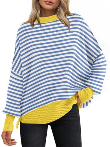 ANRABESS Women Oversized Sweaters Batwing Long Sleeve 2025 Fall Outfits Crewneck Casual Knit Side Slit Fashion Pullover Top Blue White Medium - Image 1