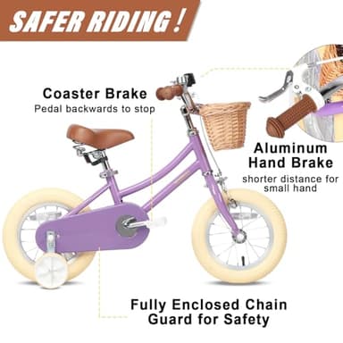 Petimini 14 Inch Little Kids Bike for Age 3 4 5 Years Old Girls Retro Vintage Style Bicycles with Basket Training Wheels and Bell, Purple - Image 2