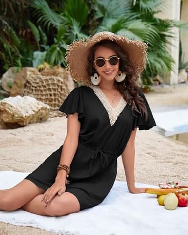Charmo Swim Cover up for Women Ruffle Drawstring Elastic Swimwear Sundress Beach V Neck Bathing Suit Cover Up Black L - Image 5