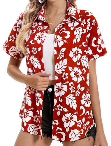 Hawaiian Shirts for Women, Summer Tropical Shirts Womens Floral Tops Beach Button Up Shirts for Women Luau Outfits Hawaii Short Sleeve Blouses for Ladies, Aloha Shirt for Party, Flower Red, Small - Image 5