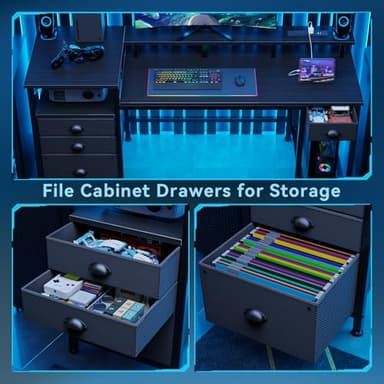 Furologee 60" Black Computer Desk with 4 Drawers and Printer Space, Gaming Desk with LED Lights and USB Power Outlets, Home Office Desk with Fabric File Cabinet,Study Work Table with Shelf for Bedroom - Image 4