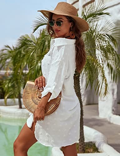 Blooming Jelly Womens Bathing Suit Coverups White Swiss Dot Beach Swim Cover Up Shirt Dress(Medium, White) - Image 5