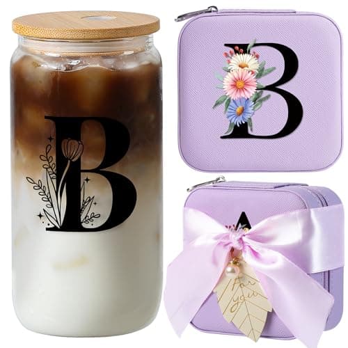 AYGXU Travel Must-Have Gifts,travel jewelry case organizer,small jewelry travel case,Cute Tumbler Cup,16oz bamboo lids for glass cups,teacher appreciation gifts for women,Initial B purple - Image 1