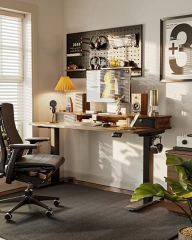 FEZIBO 55'' x 24'' Height Adjustable Electric Standing Desk with Double Drawer, Computer Workstation, Home Office Stand Up Table with 4 Height-Adjustable Feets & 2 Hooks, Vintage Brown - Image 2