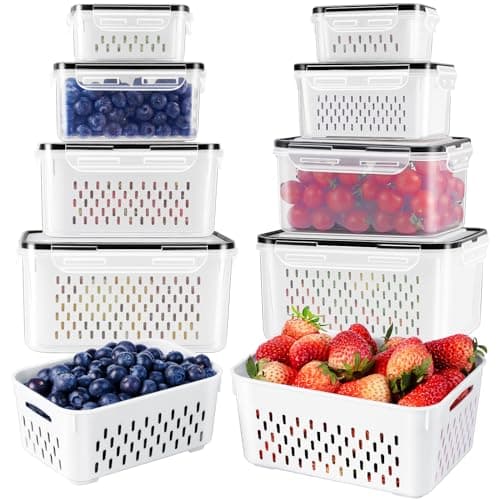 4 PCS Fruit Storage Containers for Fridge with Removable Colander, Airtight Food Storage Container, Dishwasher Safe Produce Saver Container for Refrigerator, Keep Berry Fruit Vegetable Fresh Longer - Image 1