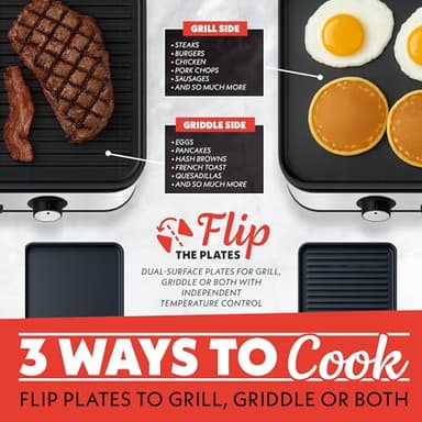 Gourmia 3-in-1 Indoor Grill/Griddle Electric Combo - 250-400°F Adjustable Dual Cooking Zones with Removable Nonstick Reversible Ceramic Plates - Non Toxic Dishwasher Safe Countertop Kitchen Appliances - Image 4