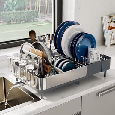 SUNLY Expandable Dish Drying Rack, Versatile Brackets for Pots & Pans, Space Saving Kitchen Drying Rack, Dish Racks for Kitchen Counter, Stainless Steel Dish Drainers with Extendable Spout, Gray - Image 1