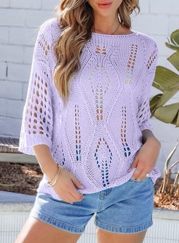 EVALESS Summer Sweaters for Women Spring Outfits Fashion 2025 Knitted Tops 3/4 Short Sleeve Sweater Off Shoulder Blouses Dressy Casual Resort Wear Holiday Purple Shirts, Large - Image 3