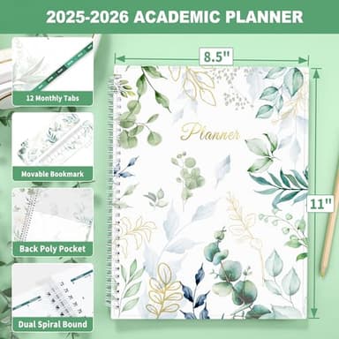 SUNEE Academic Planner 2025-2026 Weekly and Monthly, July 2025-June 2026, 8.5"x11", Tabs, Note Pages, Pockets, Bookmark, Flexible Cover, Spiral Binding, Greenery - Image 4