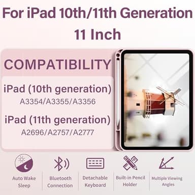 BQDIYOO Case for iPad 11th/10th Generation with Keyboard, 11 inch A16/10.9" iPad 10 Case (2025/2022) with Pencil Holder, Wireless Keyboard and Slim Lightweight Soft Cover Auto Wake/Sleep, Pink - Image 2