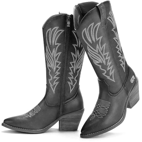 gioanroca Western Embroidered Cowgirl Women Boots,Pull-on Western Retro Classic Mid-Calf Boot for Ladies Boots (Black-A, 5) - Image 1