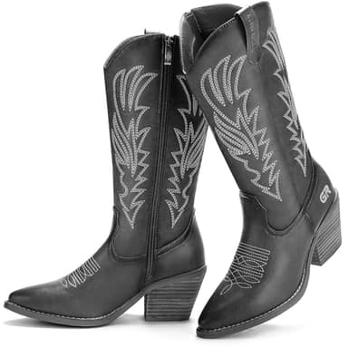 gioanroca Western Embroidered Cowgirl Women Boots,Pull-on Western Retro Classic Mid-Calf Boot for Ladies Boots (Black-A, 5) - Image 1