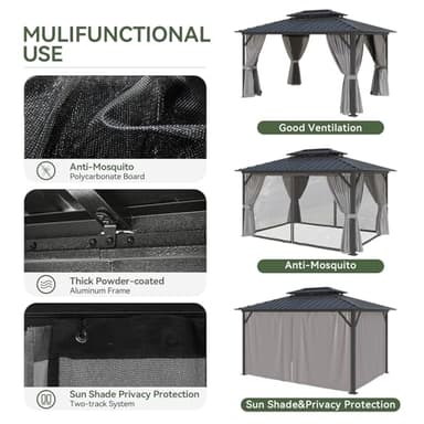 Aoxun 10'x12' Hardtop Gazebo, Aluminum Frame Canopy with Double Galvanized Steel Roof, Outdoor Metal Pavilion with Netting, Curtains for Backyard, Patio and Deck - Image 7